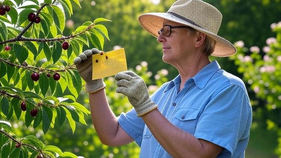 Gardener using sticky trap and ladybugs to protect cherry tree".