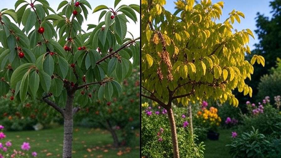 Comparison of a healthy cherry tree with ripe fruit and an unhealthy tree with wilted leaves."