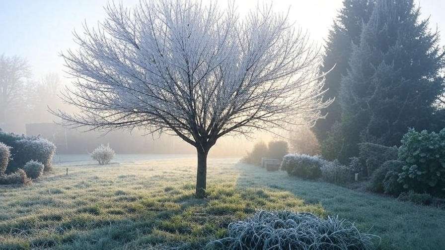 Cherry tree with frost cover in a frosty garden during cold weather."