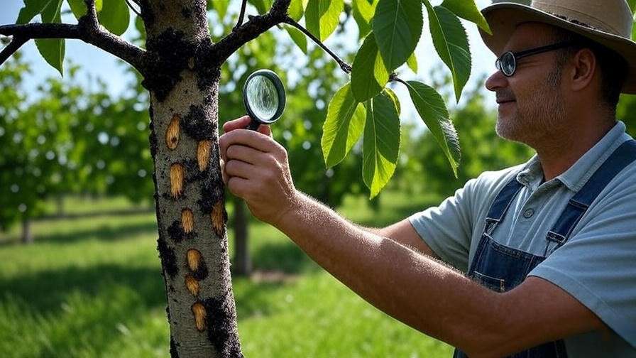 Gardener inspecting cherry tree leaves for pest damage with a magnifying glass in an orchard.