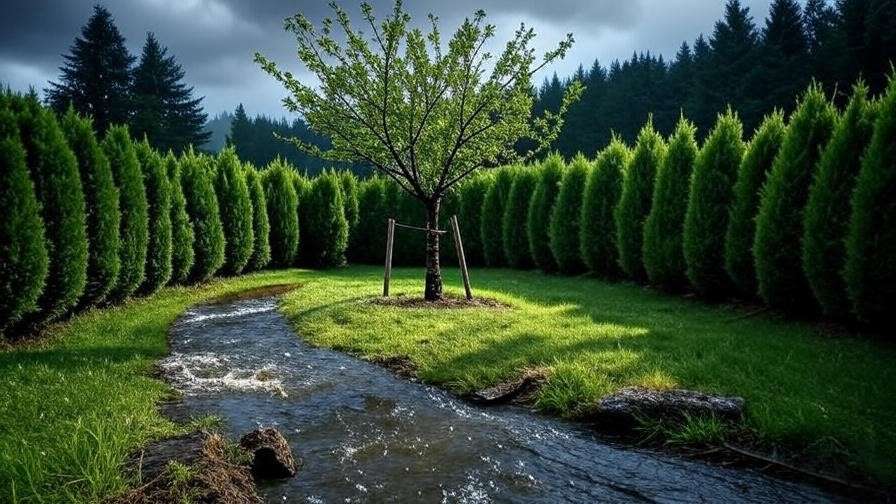 Cherry tree with stakes and windbreak during a rainy storm.