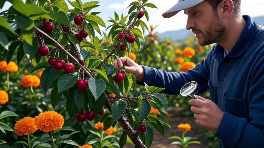 Cherry tree with marigolds and gardener checking for pests to ensure fruit quality."