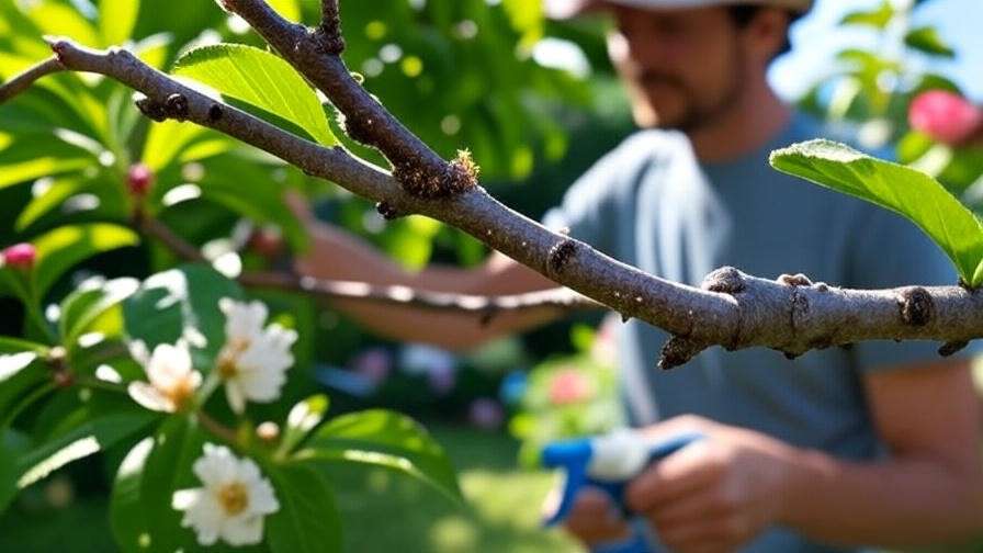 Gardener applying organic pest control spray to a cherry tree branch with aphid damage