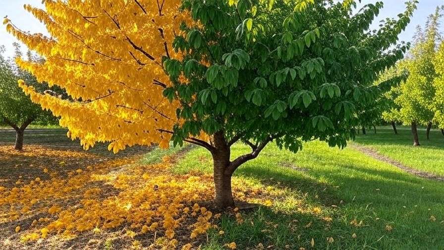 Before-and-after cherry tree with yellowing and green leaves in orchard