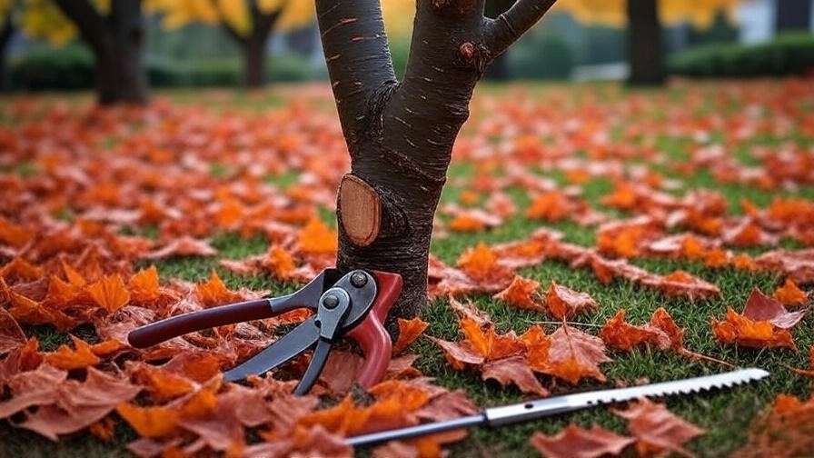 Close-up of pruning cherry tree branch with tools in autumn for winter protection".