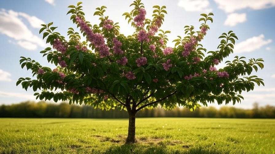 Well-pruned cherry tree with open canopy in sunny field"
