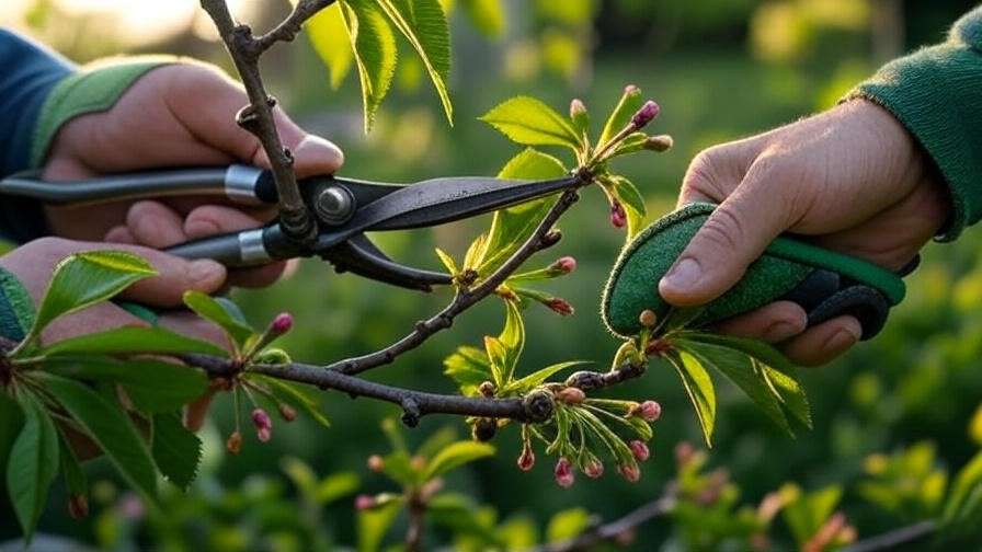 Gardener pruning a cherry tree to remove dead wood and encourage growth in spring."
