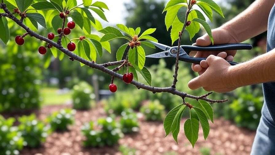 Person pruning a cherry tree with green leaves and red cherries for health and aphid prevention.