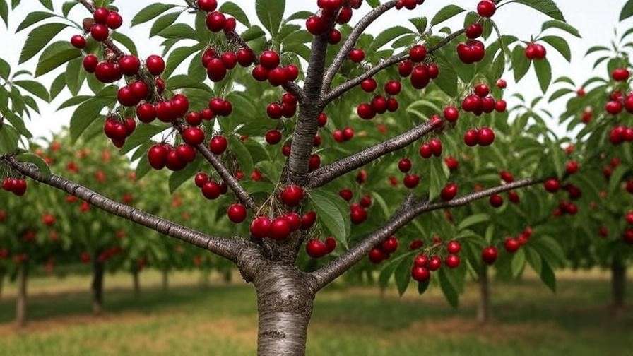 Well-pruned mature cherry tree with ripe cherries in open-center structure, orchard background."
