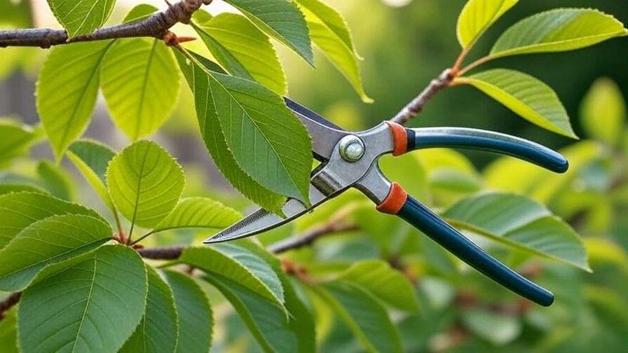 Pruning shears cutting a cherry tree branch with a clean 45-degree cut and green leaves."