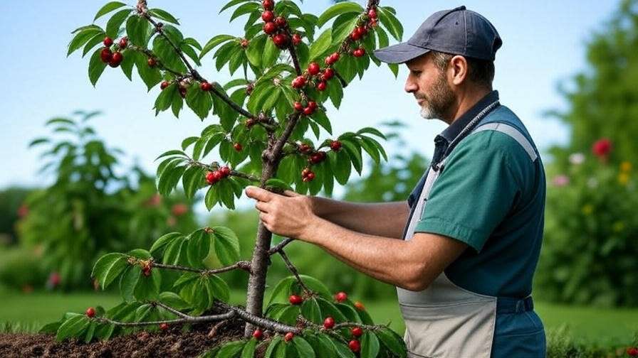 Gardener pruning cherry tree to control fruit production with removed branches."