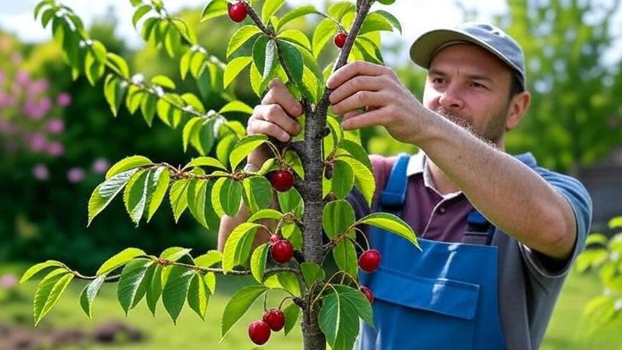 Gardener pruning a young cherry tree with bypass pruners in a blooming garden".