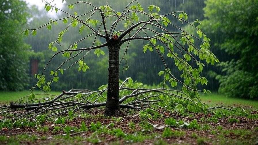 Cherry tree pruning with shears in a rainy environment."