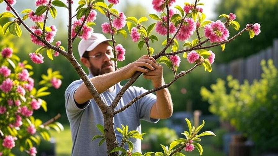 Gardener pruning cherry tree in raised bed with sharp tools