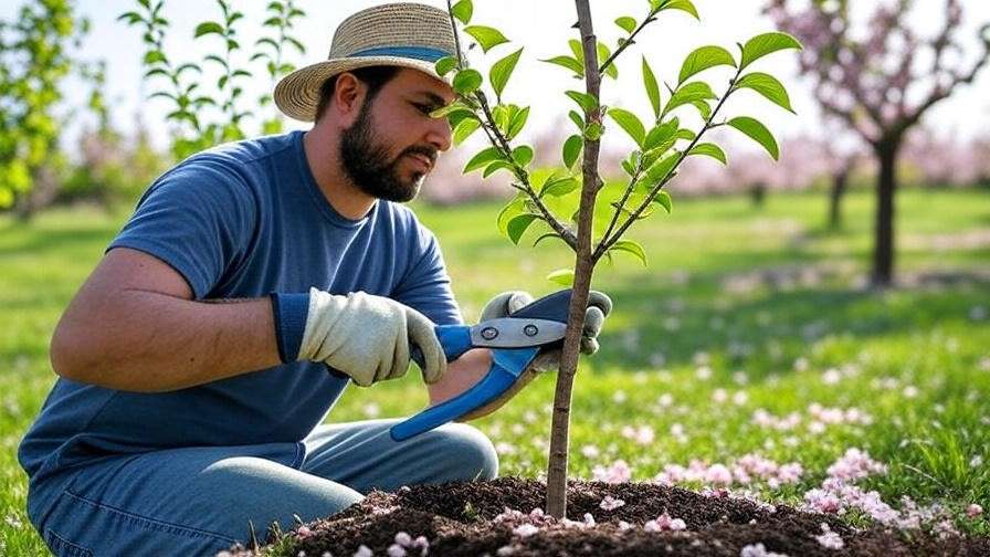 Gardener pruning a young cherry tree in an organic orchard for healthy growth.