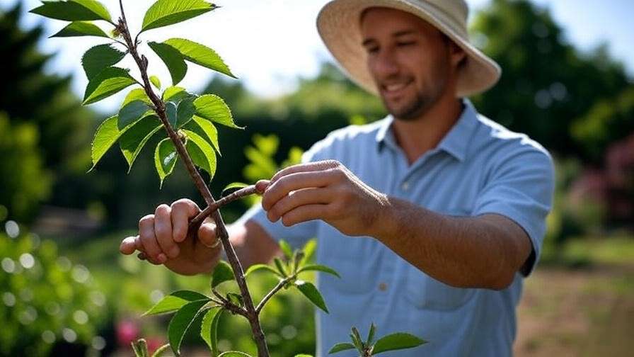 Gardener pruning a young cherry tree with shears"