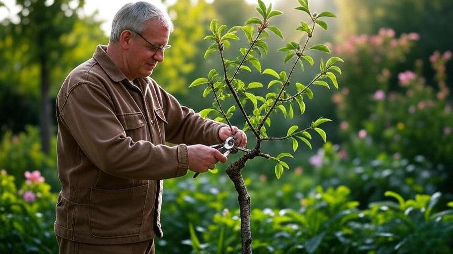 Gardener pruning a healthy cherry tree in a lush garden".
