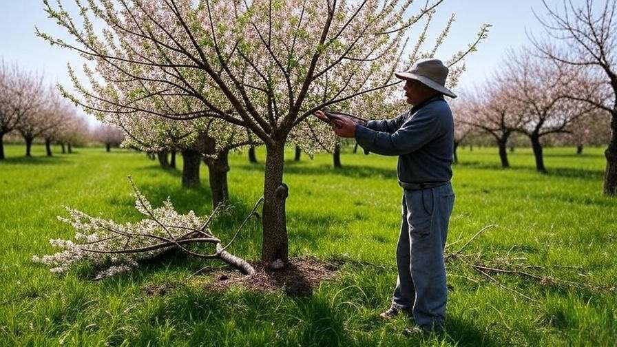 Gardener pruning a cherry tree with shears in a sunny orchard