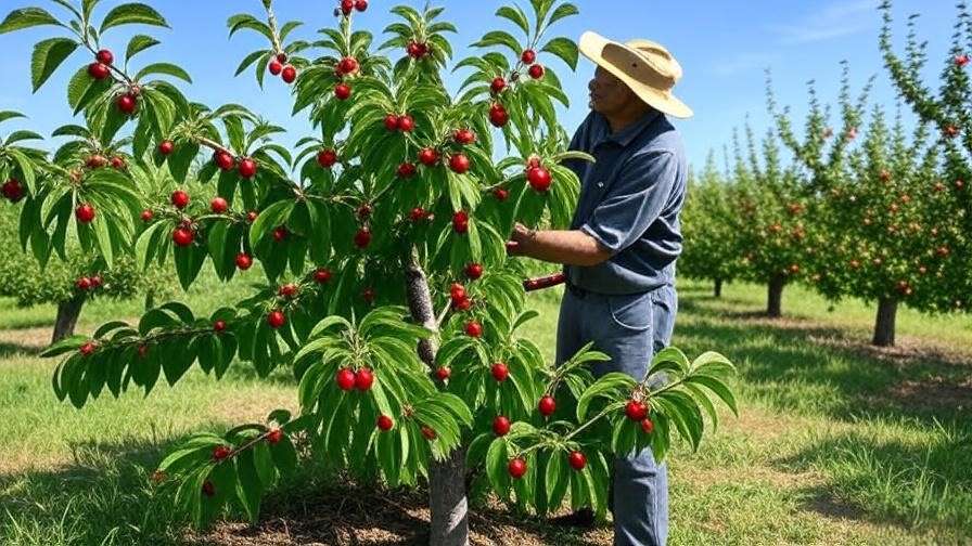 Gardener pruning cherry tree for optimal fruit quality and sunlight exposure