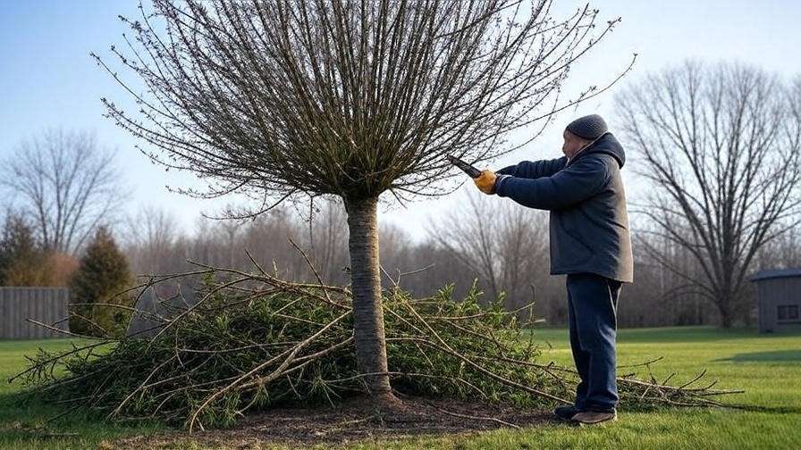Gardener pruning a cherry tree with shears for better productivity".
