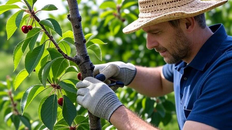 Gardener pruning a cherry tree with shears in a sunny orchard, showcasing proper 45-degree branch cut.