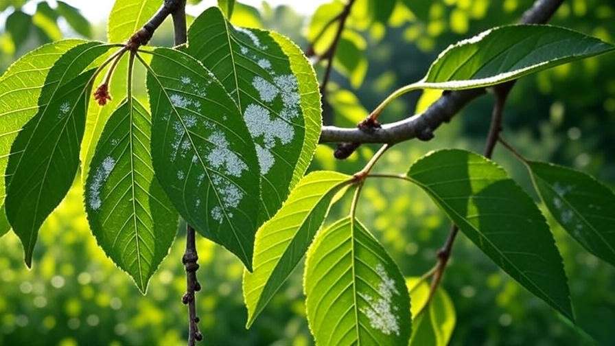 Cherry tree leaf with early powdery mildew next to a healthy leaf