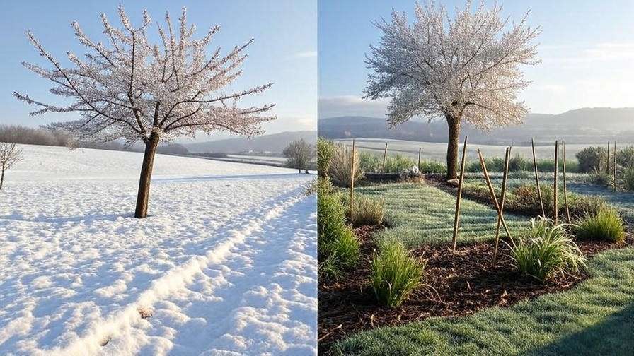 Cherry tree winter prep in snowy northern and mild southern landscapes."