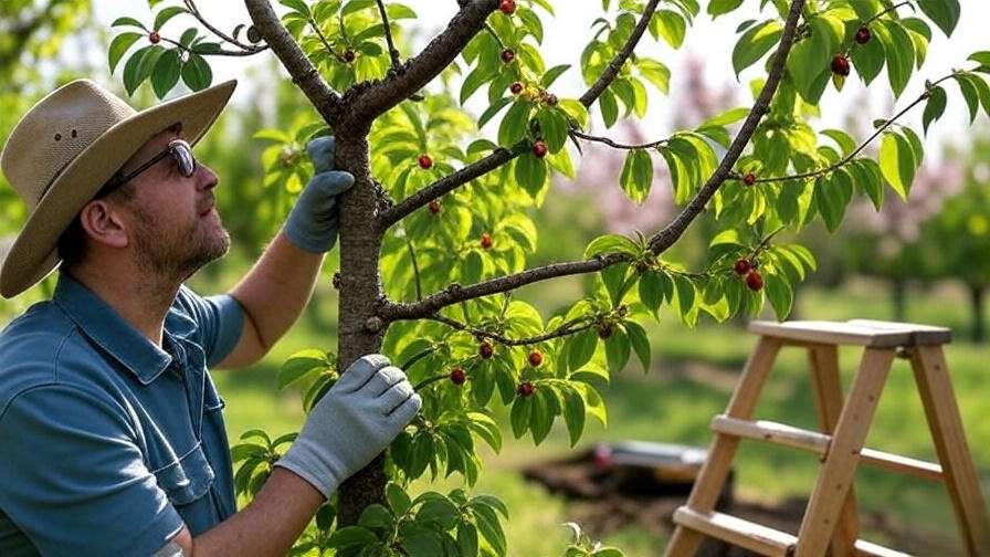 Gardener inspecting cherry tree leaves for disease signs in a sunny orchard.