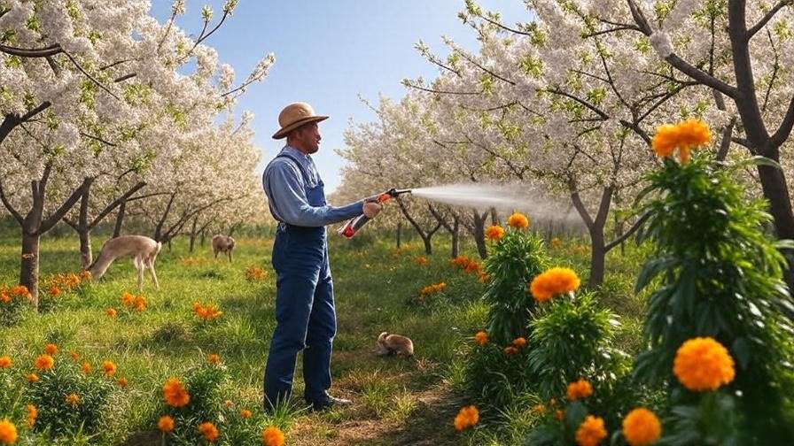 Gardener applying natural repellent to cherry trees with marigolds in a lush orchard