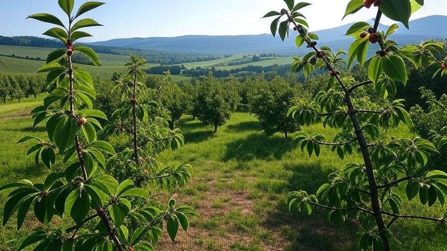 Healthy cherry tree varieties like Stella, Lapins, and Rainier in a lush orchard.