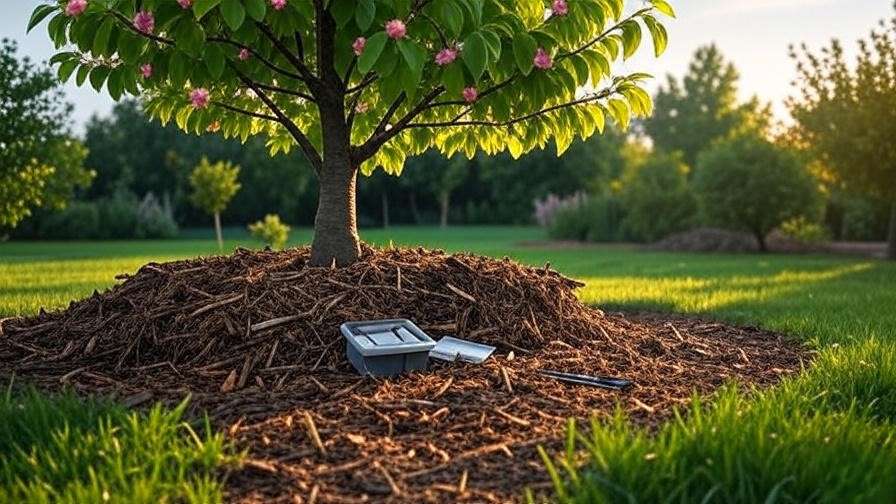 Mulched cherry tree root zone with soil testing kit for nutrient restoration."