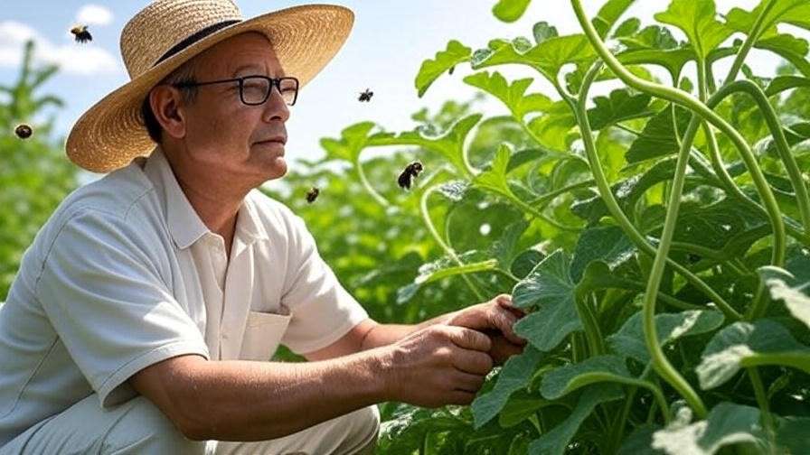 Gardener working safely near watermelon vines with bumblebees in a sunny field"
