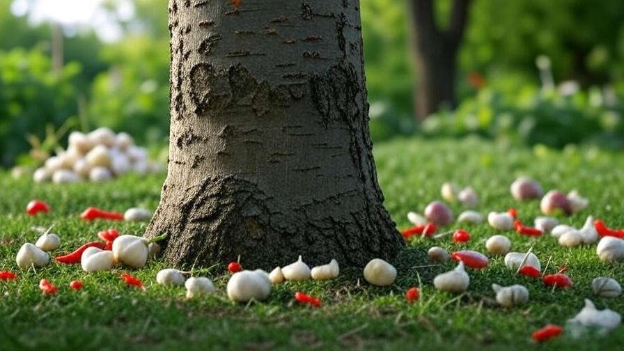 Applying DIY deer repellent with garlic and hot peppers on a cherry tree trunk."