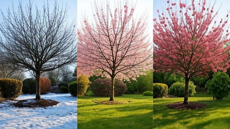 "Cherry tree seasonal cycle with pruning, blooming, and fruiting in a well-maintained garden".
