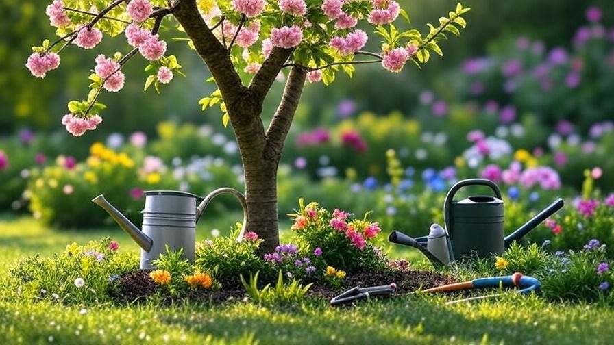 Visual cherry tree care calendar with seasonal icons in a garden."