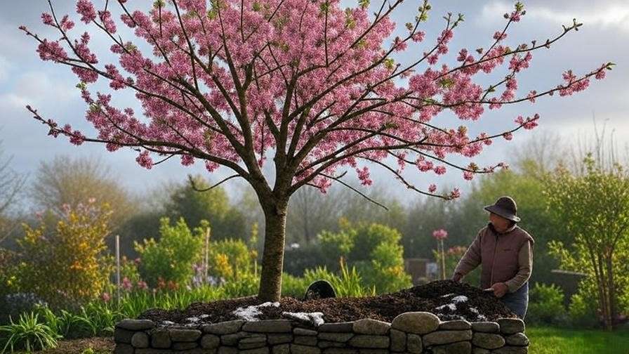 Seasonal view of a cherry tree with winter mulch and spring composting in a colorful garden."