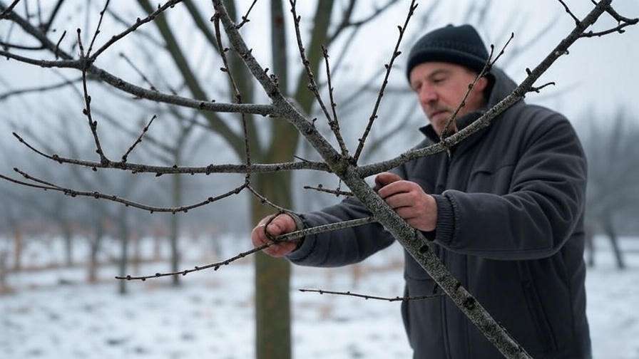 Gardener pruning cherry tree in late winter to prevent brown leaf disease."