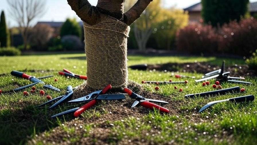 Cherry tree with winter wrap and pruning tools in seasonal garden setting."