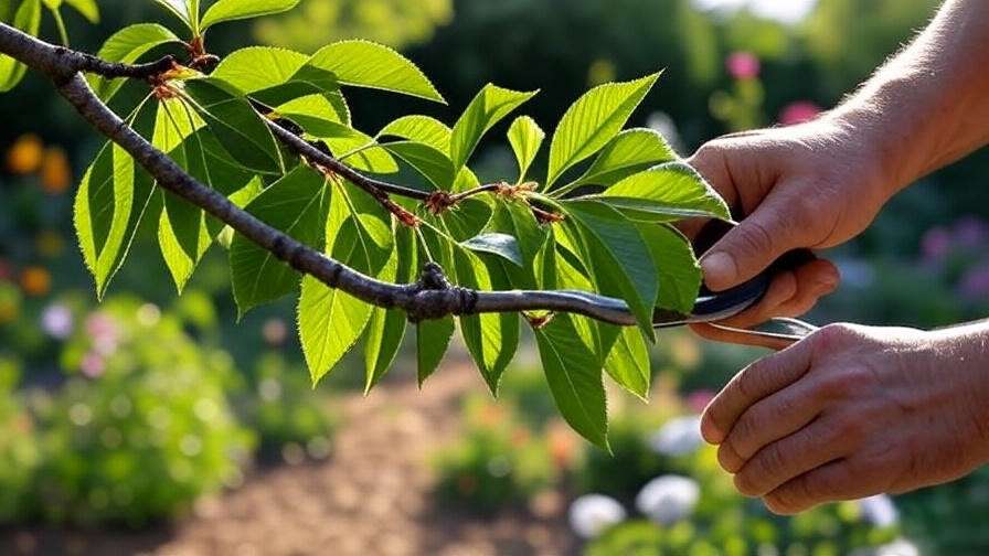 Gardener taking a cherry tree cutting with pruners in a sunny garden"