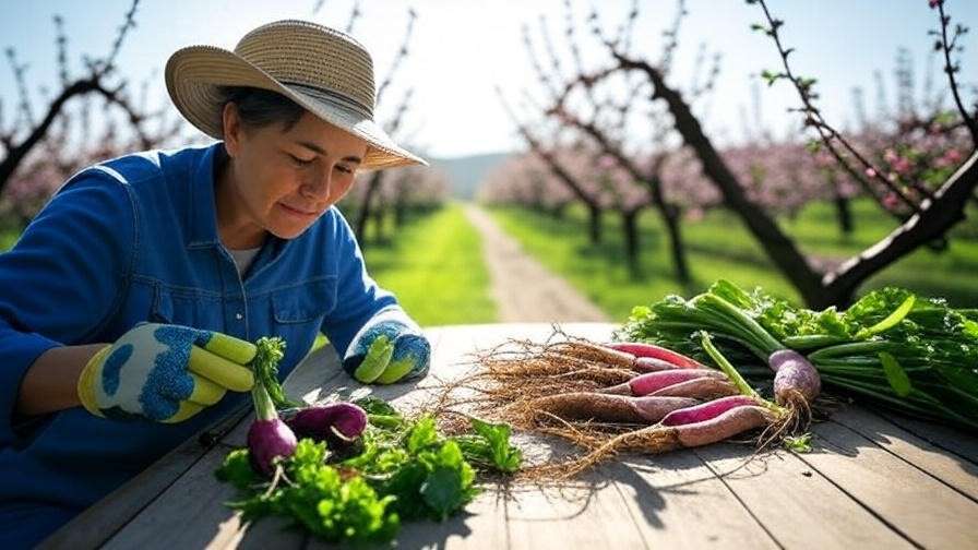 Gardener examining cherry scions and rootstocks in a blooming cherry orchard.