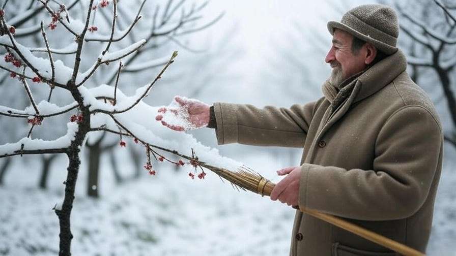 Gardener shaking snow off cherry tree branches in snowy orchard