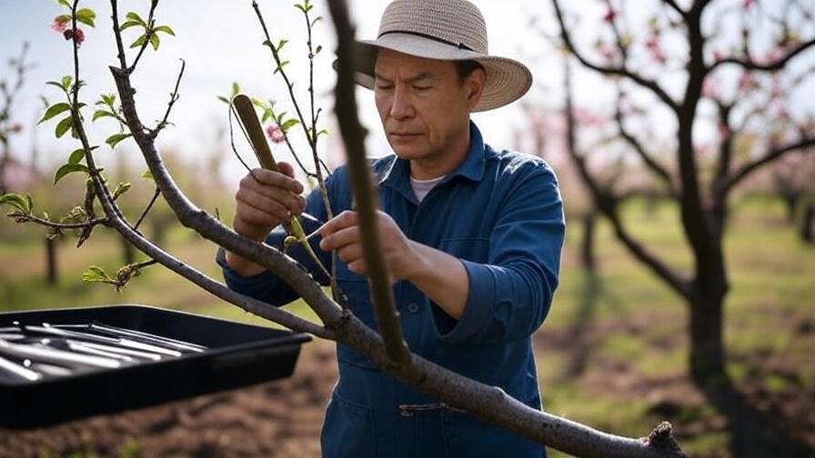 Gardener preparing cherry tree for side-veneer grafting with tools"