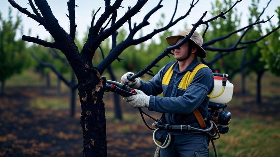 Arborist treating cherry tree with severe fire blight in an orchard.