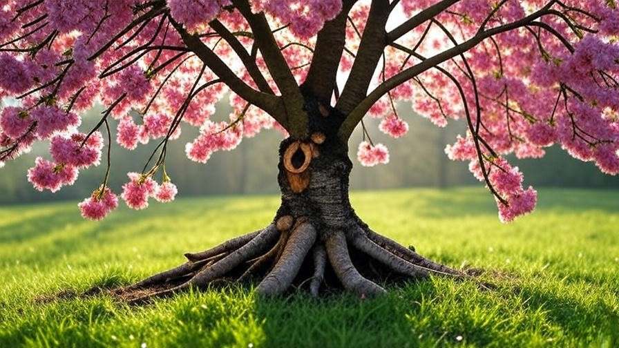 Cherry tree with visible root damage from lawn care, showing exposed and cut roots in a lush garden."