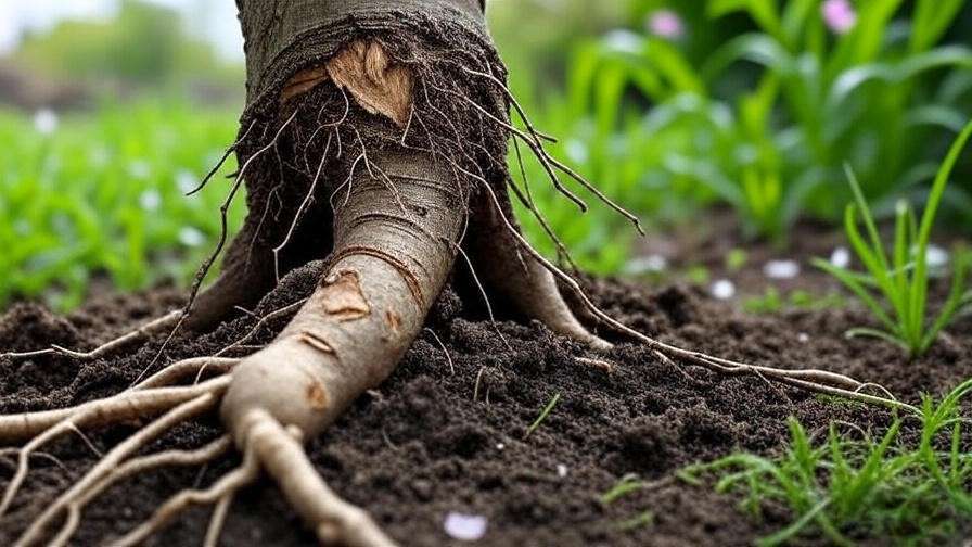 Close-up of cherry tree roots with animal chew marks in a garden".
