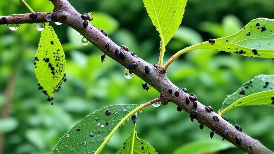 Close-up of cherry tree branch with scale insects, honeydew, and sooty mold in a garden.