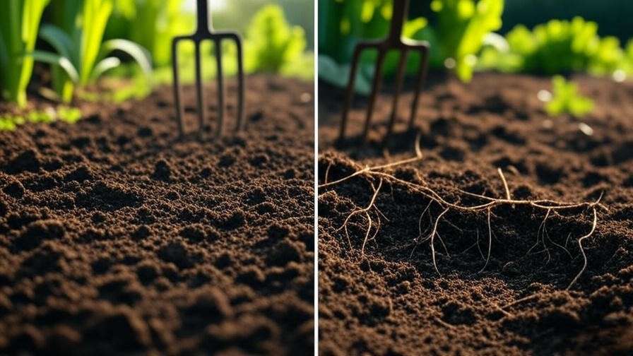 Before-and-after view of aerated soil with cherry tree roots and organic matter in a green garden."