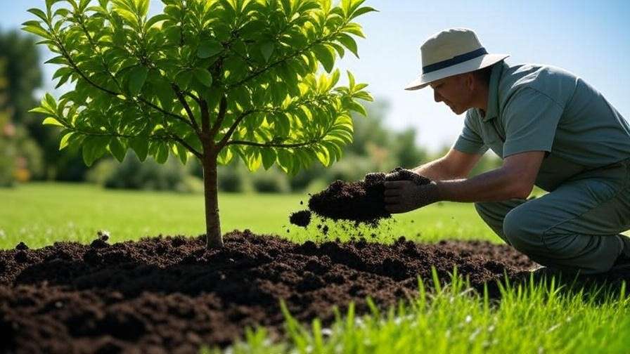 Gardener adding compost to improve cherry tree soil health"