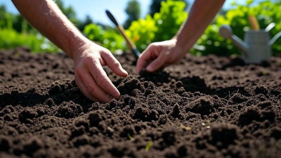 Healthy loamy soil with compost for growing Penhill watermelons, gardening tools in background."