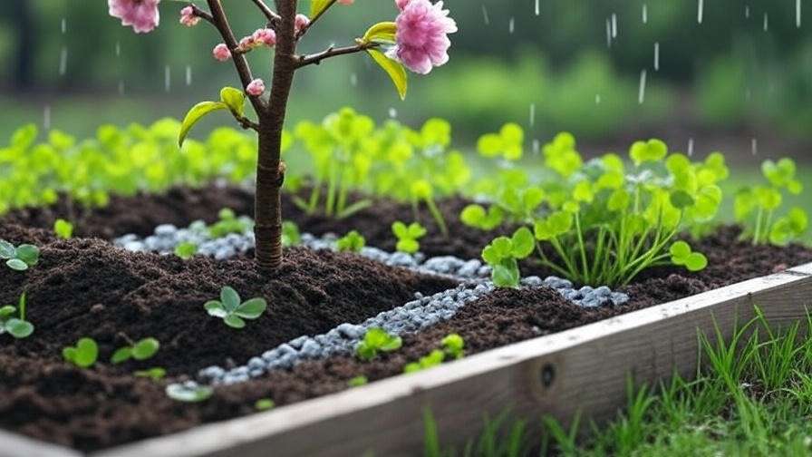 Raised garden bed with cherry tree and drainage system in wet soil